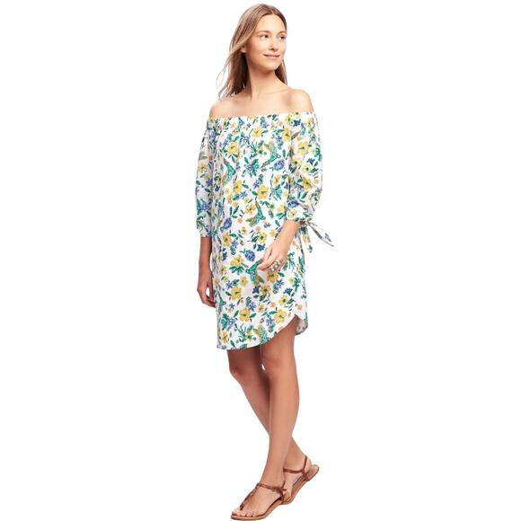 Old Navy Small Off-Shoulder 3/4 Dress Green/Blue Floral Birds Resort Summer Cute - Picture 1 of 11